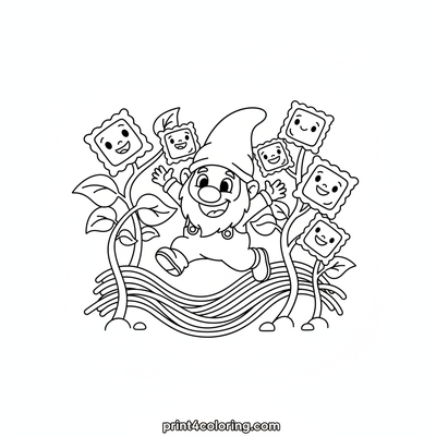 Gnome's Magical Pasta Harvest - free printable coloring page