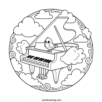 Whimsical Piano in the Clouds - free printable coloring page