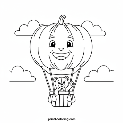 Teddy Bear's Magical Pumpkin Flight - free printable coloring page