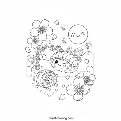 Whimsical Sushi Blossom Garden - free printable coloring page