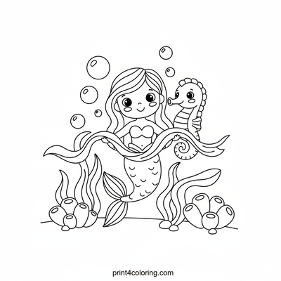 Mermaid and Seahorse's Underwater Party - free printable coloring page