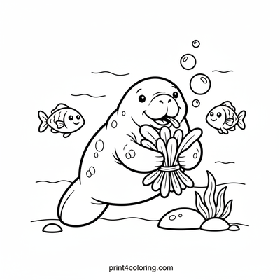 Happy Manatee's Underwater Feast - free printable coloring page