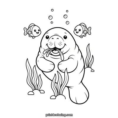 Happy Manatee's Underwater Lunch - free printable coloring page
