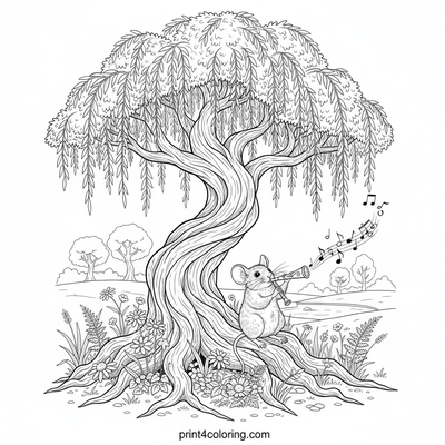 Melodies of the Whispering Willow: A Musical Mouse's Serenade - free printable coloring page