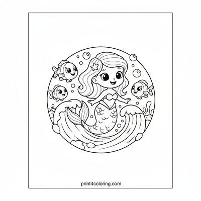 Cute Mermaid's Magical Wave Ride - free printable coloring page