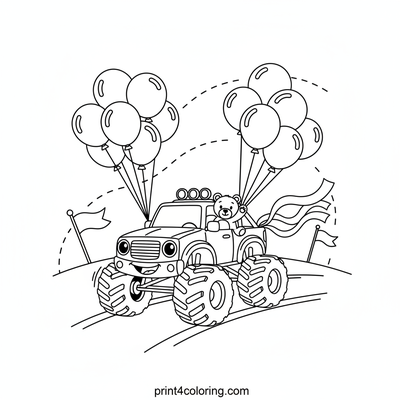 Teddy's Cheerful Monster Truck Parade - free printable coloring page