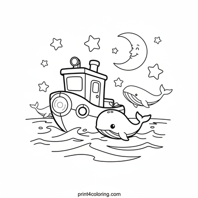 Moonlight Tugboat Hero: Guiding the Baby Whale Home - free printable coloring page
