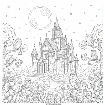 Mystical Moonlit Castle Gardens - free printable coloring page