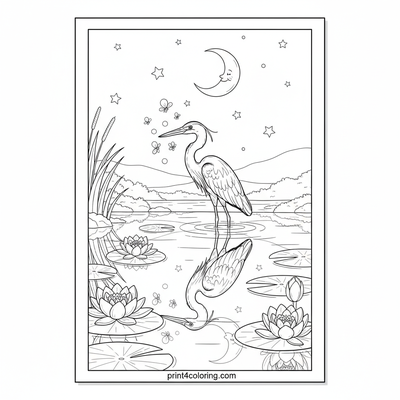 Moonlit Heron's Serenade - free printable coloring page