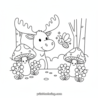 Whimsical Moose and Firefly Adventure - free printable coloring page