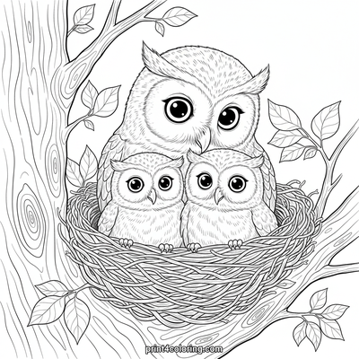 Mother Owl's Cozy Nest Portrait - free printable coloring page