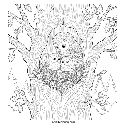 Woodland Wonders: Mother Owl's Loving Embrace - free printable coloring page