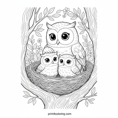 Tender Mother Owl and Her Owlets