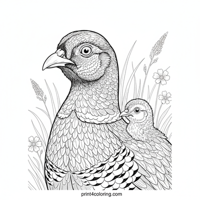 Regal Pheasant Mother and Her Curious Chicks - free printable coloring page