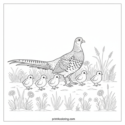 Mother Pheasant's Meadow March - free printable coloring page