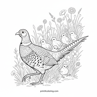 Majestic Mother Pheasant and Her Fluffy Chicks Adventure - free printable coloring page