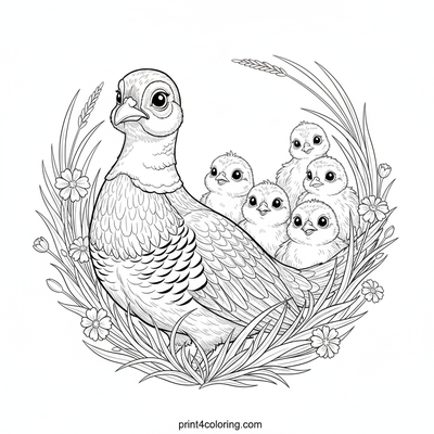 Majestic Mother Pheasant & Her Fluffy Brood - free printable coloring page