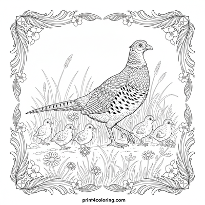 Majestic Mother Pheasant and Her Fluffy Brood - free printable coloring page