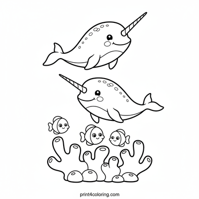 Happy Narwhals' Reef Adventure - free printable coloring page