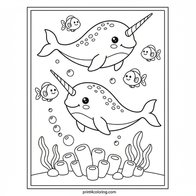 Happy Narwhal Reef Adventure - free printable coloring page