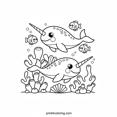 Happy Narwhals Coral Reef Adventure - free printable coloring page