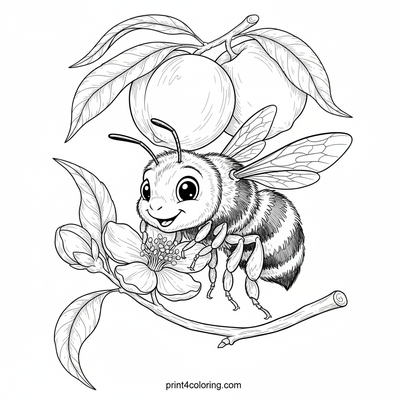 Sweet Nectarine Branch & Busy Bee Portrait - free printable coloring page