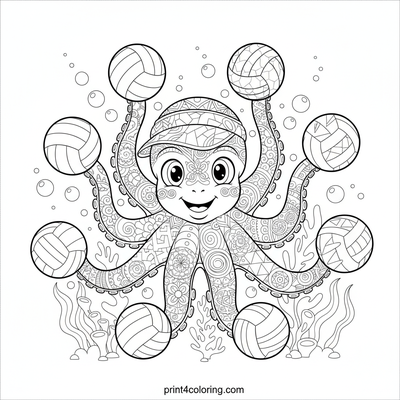 Zentangle Octopus's Epic Eight-Arm Volleyball Serve - free printable coloring page