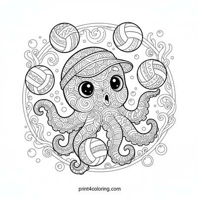 Zentangle Octopus's Epic Eight-Arm Volleyball Serve - free printable coloring page
