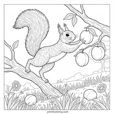 Busy Orchard Squirrel's Plum Pick - free printable coloring page