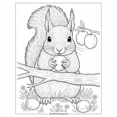 Squirrel's Sweet Plum Harvest - free printable coloring page