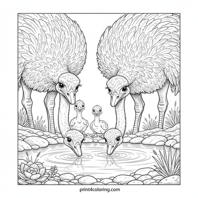 Ostrich Family's Desert Drink - free printable coloring page