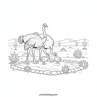 Ostrich Oasis: Family Waterhole Adventure - free printable coloring page