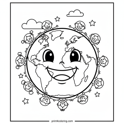 Smiling Earth and Happy Friends - free printable coloring page
