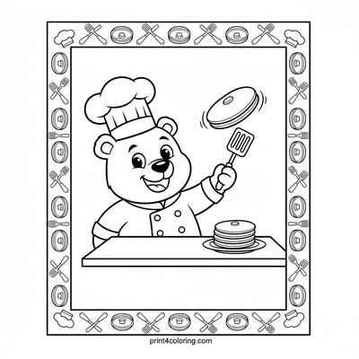 Pancake Flipping Fun with Chef Bear - free printable coloring page