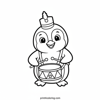 Happy Penguin Parade Drummer - free printable coloring page