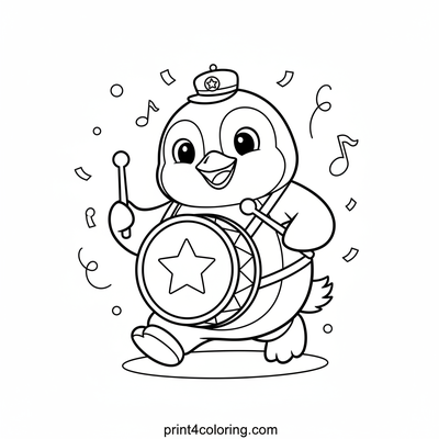 Happy Penguin Parade Drummer - free printable coloring page