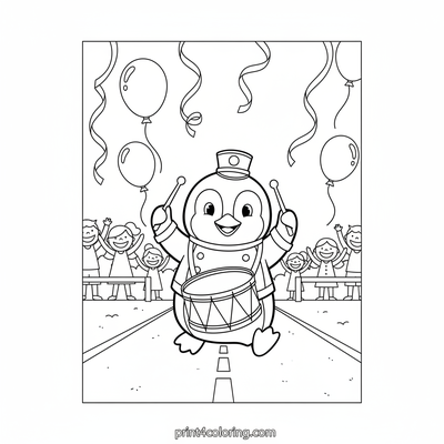 Happy Penguin Parade Drummer - free printable coloring page