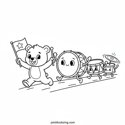 Playful Drum Parade with Bear Cub - free printable coloring page