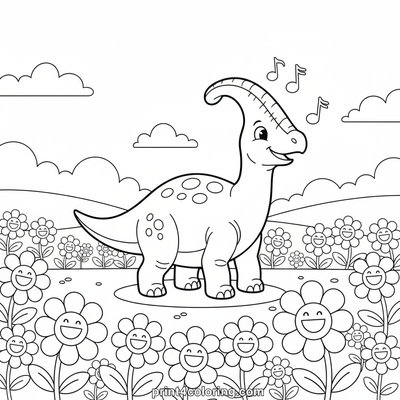 Parasaurolophus's Sunny Serenade - free printable coloring page