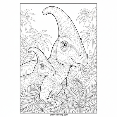Parasaurolophus Family Forest Feast - free printable coloring page