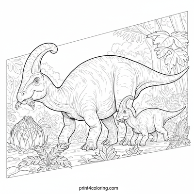 Parasaurolophus Family Forest Feast - free printable coloring page