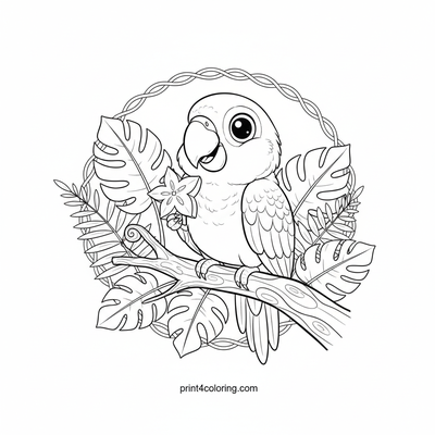Tropical Parrot's Delicious Fruit Feast - free printable coloring page