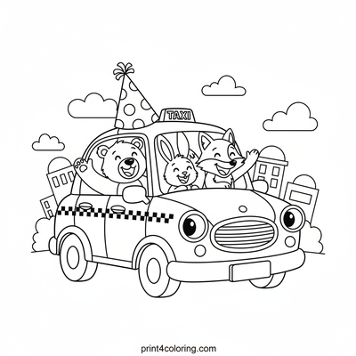 The Zany Animal Party Taxi - free printable coloring page