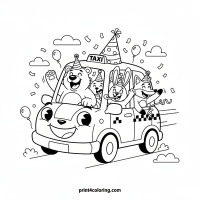 Joyful Jamboree Taxi Ride - free printable coloring page