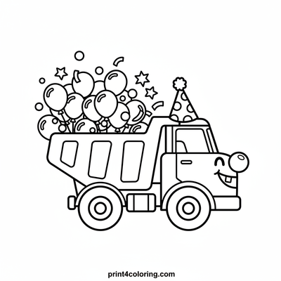 Party Time Dump Truck Parade - free printable coloring page