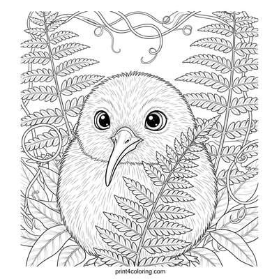 Curious Baby Kiwi's Fern Hideout - free printable coloring page