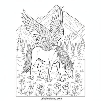 Majestic Pegasus in Alpine Meadow - free printable coloring page