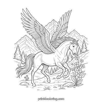 Majestic Pegasus in Sun-Dappled Alpine Meadow - free printable coloring page