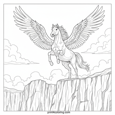 Mythic Flight: Pegasus Over Ancient Cliffs - free printable coloring page