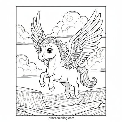 Majestic Pegasus Soaring Over Ancient Cliffs - free printable coloring page